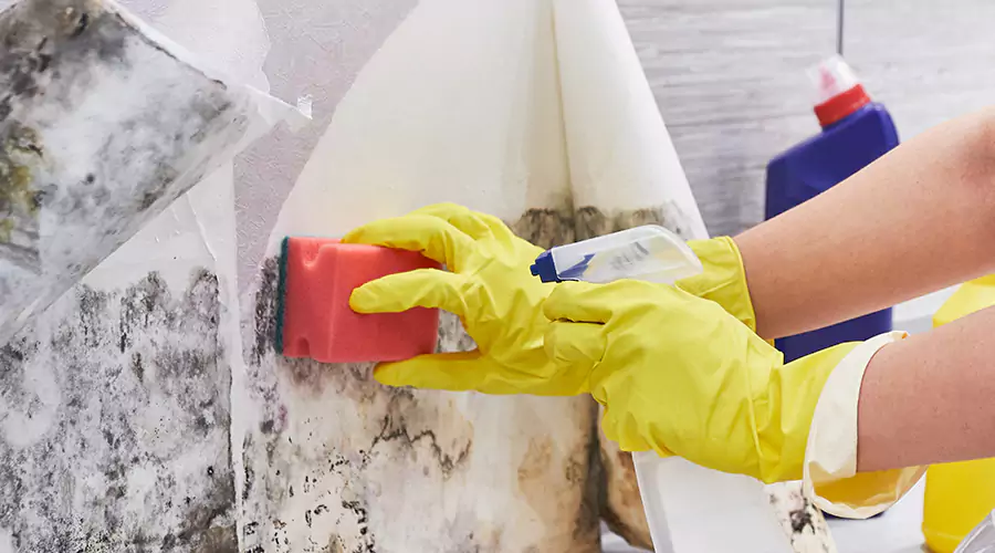 Gloved hand scrubbing mold from a bathroom tile surface